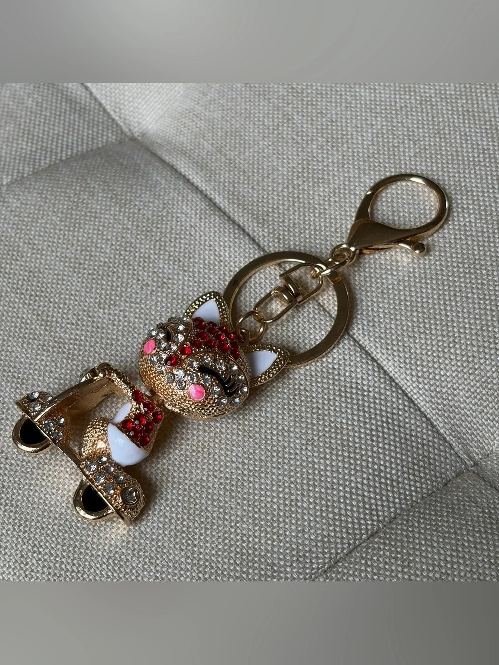 Gold-tone Crystal Cat Keychain Charm